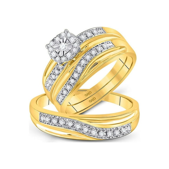FB Jewels 10k Yellow Gold Round Diamond Matching Trio Mens Womens Wedding Bridal Ring Set 1/3 Cttw