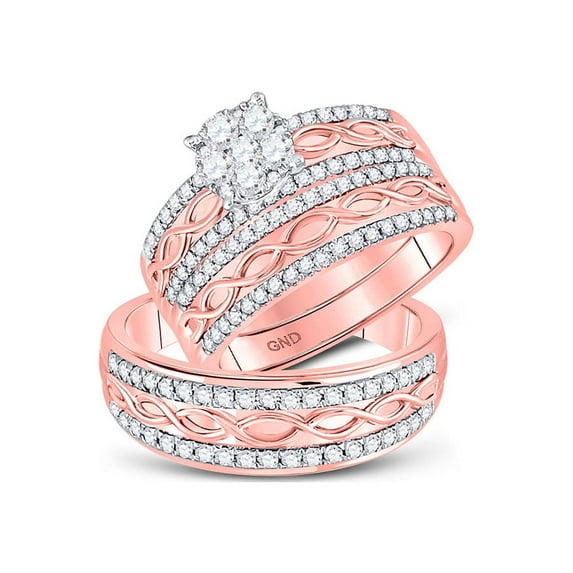 FB Jewels 10kt Rose Gold His Hers Round Diamond Cluster Matching Wedding Set 1 Cttw