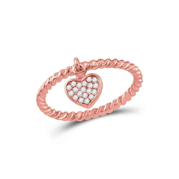 FB Jewels 10kt Rose Gold Womens Round Diamond Heart Dangle Stackable Band Ring 1/10 Cttw Size 5
