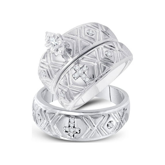 FB Jewels 10kt White Gold His Hers Marquise Diamond Crosses Matching Wedding Set 1/8 Cttw Size 6.5