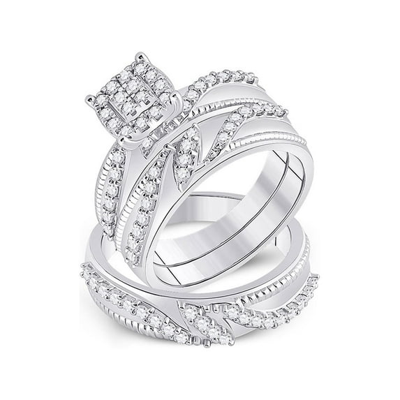 FB Jewels 10kt White Gold His Hers Round Diamond Cluster Matching Bridal Wedding Ring Band Set 1.00 Cttw