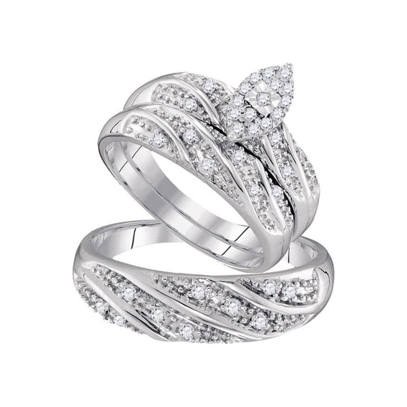 FB Jewels 10kt White Gold His & Hers Round Diamond Cluster Matching Bridal Wedding Ring Band Set 1/3 Cttw