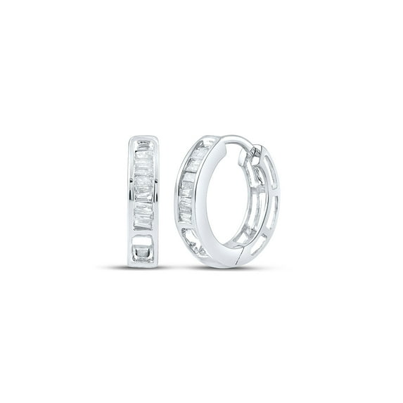FB Jewels 10kt White Gold Womens Baguette Diamond Huggie Hoop Earrings 1/6 Cttw