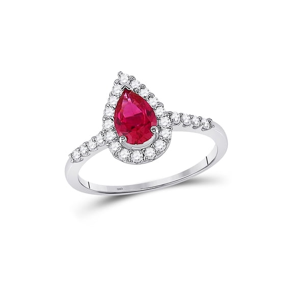 FB Jewels 10kt White Gold Womens Pear Lab-Created Ruby Solitaire Diamond Frame Ring 1-1/5 Cttw