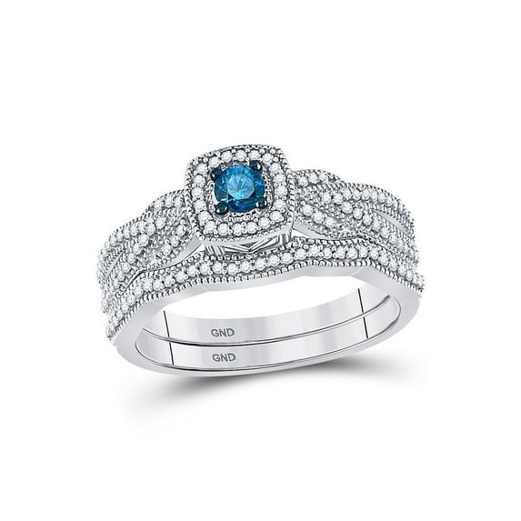 FB Jewels 10kt White Gold Womens Round Blue Color Enhanced Diamond Milgrain Bridal Wedding Engagement Ring Band Set 3/8 Cttw