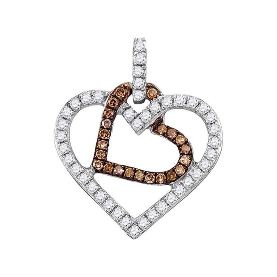 FB Jewels 10kt White Gold Womens Round Brown Diamond Double Heart Pendant 1/3 Cttw