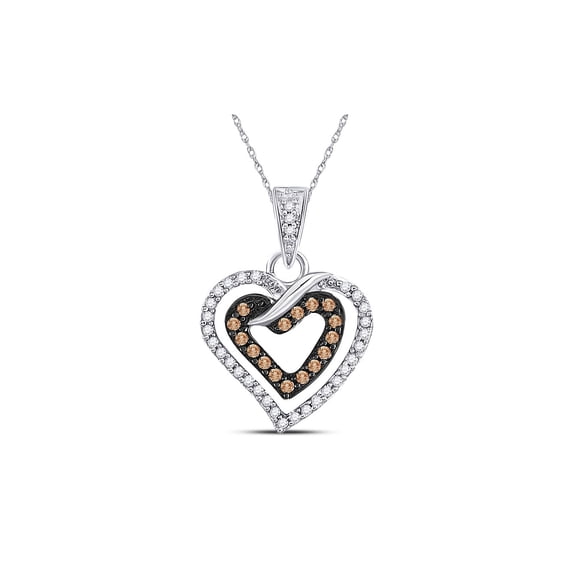 FB Jewels 10kt White Gold Womens Round Brown Diamond Double Heart Pendant 1/4 Cttw In Pave Setting (I2-I3 clarity; Brown color)