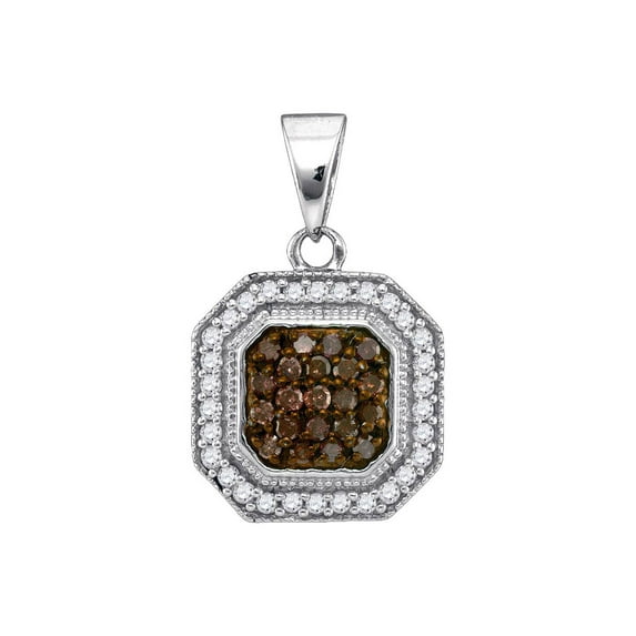 FB Jewels 10kt White Gold Womens Round Brown Diamond Octagon Cluster Pendant 1/3 Cttw