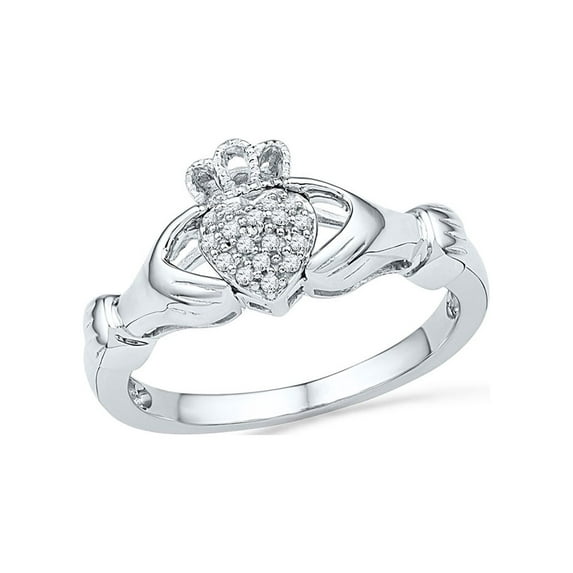 FB Jewels 10kt White Gold Womens Round Diamond Claddagh Hands & Heart Cluster Ring 1/20 Cttw
