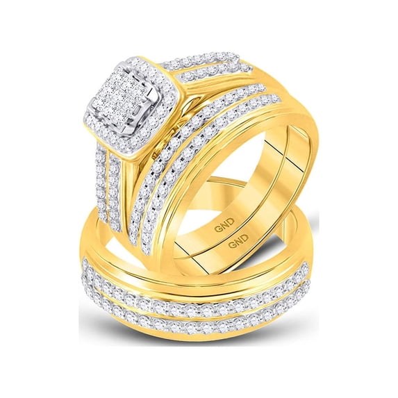 FB Jewels 10kt Yellow Gold His Hers Princess Diamond Cluster Matching Wedding Set 1 Cttw