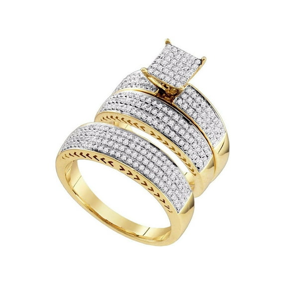 FB Jewels 10kt Yellow Gold His Hers Round Diamond Cluster Matching Bridal Wedding Ring Band Set 1.00 Cttw