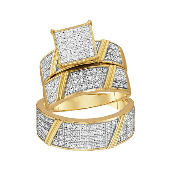 FB Jewels 10kt Yellow Gold His & Hers Round Diamond Cluster Matching Bridal Wedding Ring Band Set 1/3 Cttw