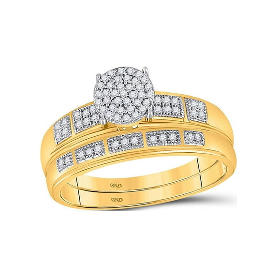 FB Jewels 10kt Yellow Gold His Hers Round Diamond Cluster Matching Bridal Wedding Ring Band Set 1/3 Cttw