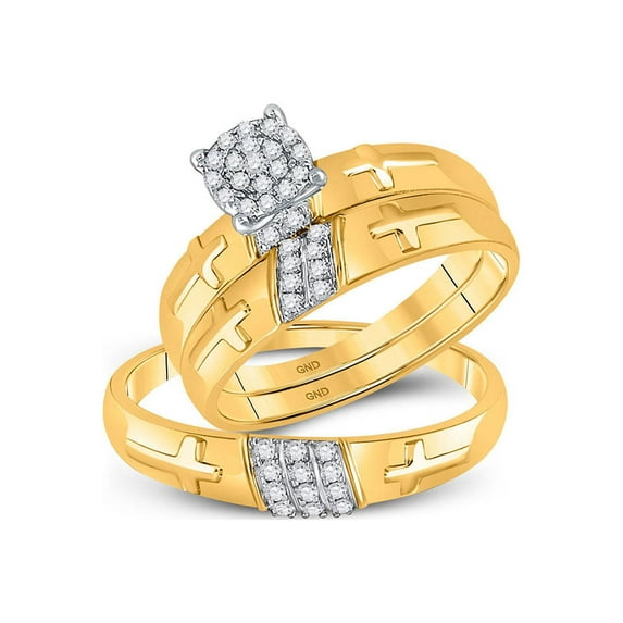 FB Jewels 10kt Yellow Gold His Hers Round Diamond Cross Matching Bridal Wedding Ring Band Set 1/4 Cttw