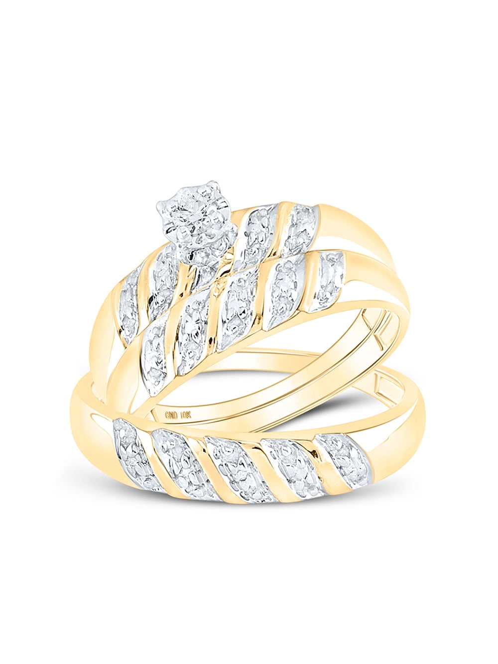 FB Jewels 10kt Yellow Gold His Hers Round Diamond Solitaire Matching Bridal Wedding Ring Band Set 1/20 Cttw