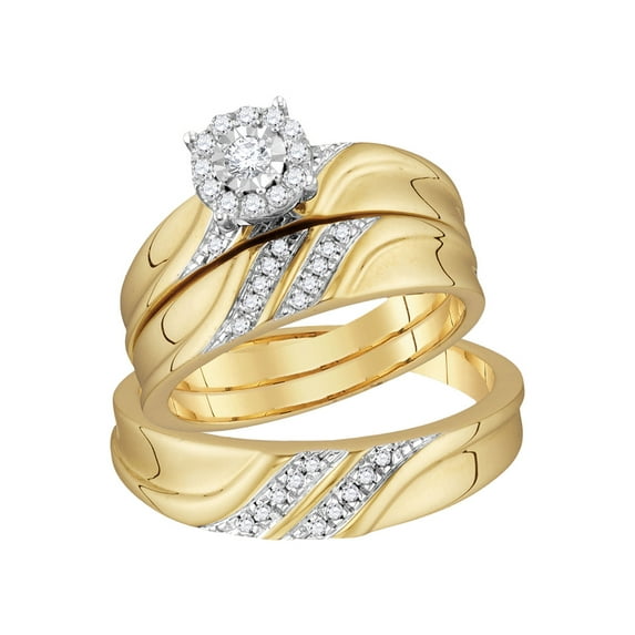 FB Jewels 10kt Yellow Gold His & Hers Round Diamond Solitaire Matching Bridal Wedding Ring Band Set 1/3 Cttw
