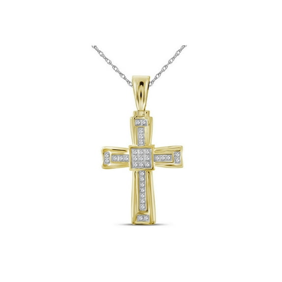 FB Jewels 10kt Yellow Gold Mens Round Diamond Cross Charm Pendant 1/10 Cttw