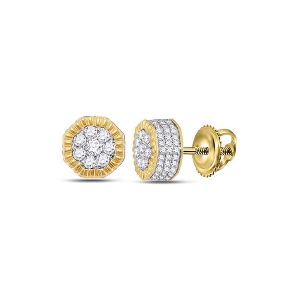 FB Jewels 10kt Yellow Gold Mens Round Diamond Fluted Hexagon Cluster Stud Earrings 1/2 Cttw