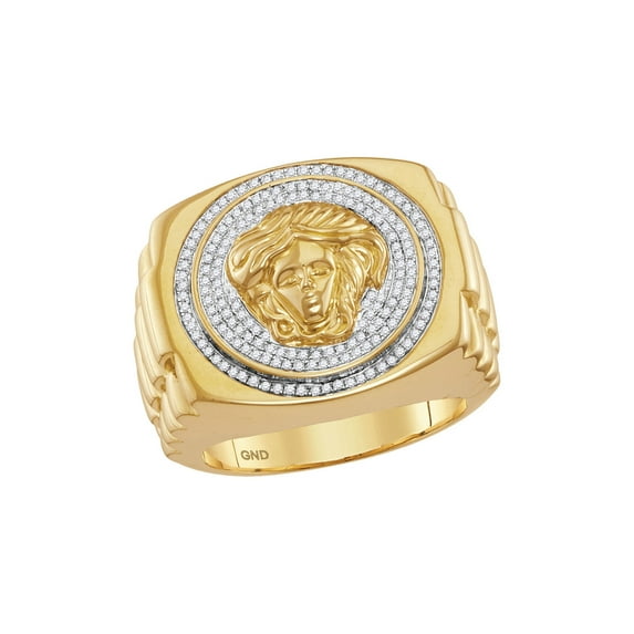 FB Jewels 10kt Yellow Gold Mens Round Diamond Gorgon Medusa Ribbed Cluster Ring 1/2 Cttw Size 12