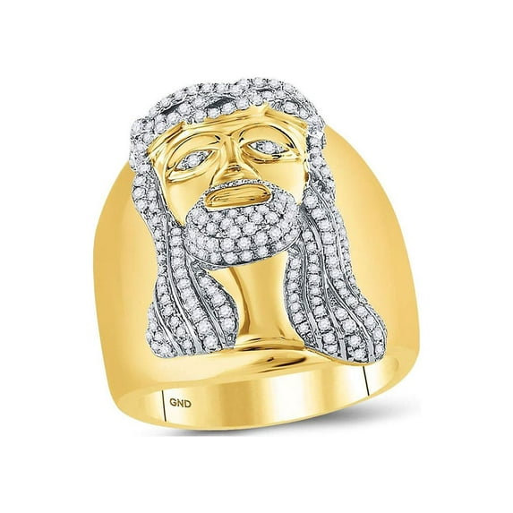 FB Jewels 10kt Yellow Gold Mens Round Diamond Jesus Christ Face Cluster Ring 1.00 Cttw