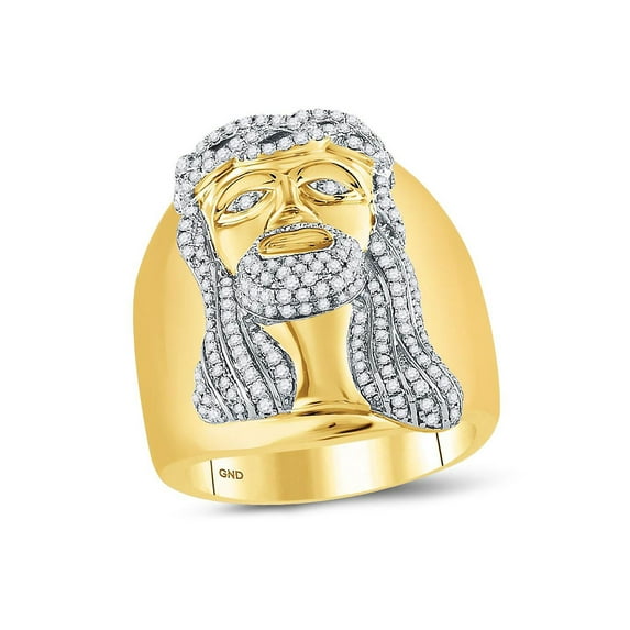 FB Jewels 10kt Yellow Gold Mens Round Diamond Jesus Christ Face Cluster Ring 1.00 Cttw