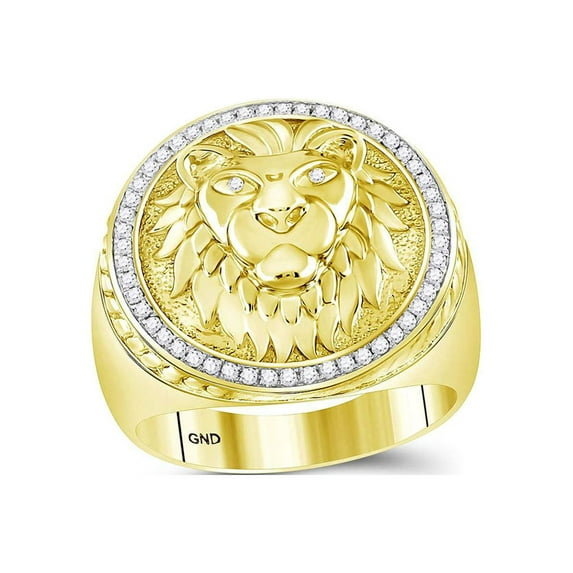 FB Jewels 10kt Yellow Gold Mens Round Diamond Lion Head Mane Ring 1/3 Cttw Size 9