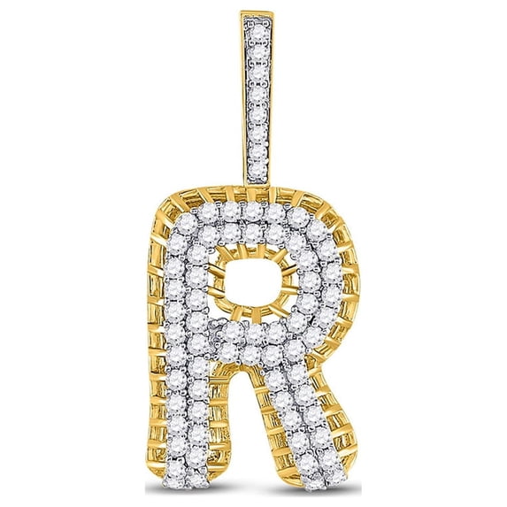 FB Jewels 10kt Yellow Gold Mens Round Diamond R Letter Charm Pendant 1-3/8 Cttw
