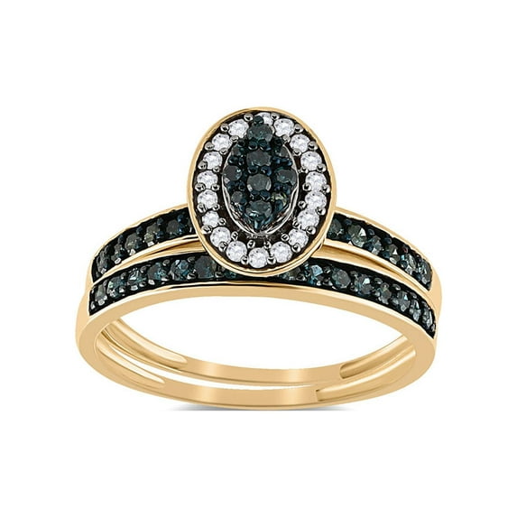 FB Jewels 10kt Yellow Gold Round Blue Color Enhanced Diamond Bridal Wedding Ring Band Set 1/2 Cttw Size 7