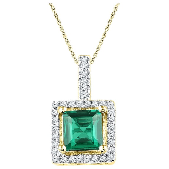 FB Jewels 10kt Yellow Gold Womens Cushion Lab-Created Emerald Solitaire & Diamond Pendant 1-3/8 Cttw