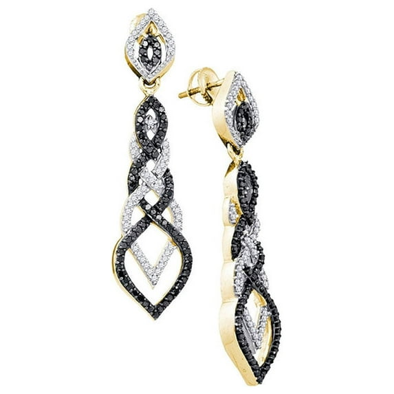 FB Jewels 10kt Yellow Gold Womens Round Black Color Enhanced Diamond Braided Dangle Earrings 1-3/4 Cttw
