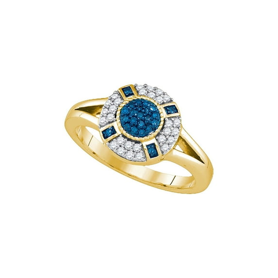 FB Jewels 10kt Yellow Gold Womens Round Blue Color Enhanced Diamond Circle Cluster Ring 3/8 Cttw