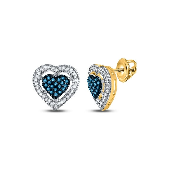 FB Jewels 10kt Yellow Gold Womens Round Blue Color Enhanced Diamond Heart Screwback Earrings 3/8 Cttw In Cluster Setting (I2-I3 clarity; Blue color)