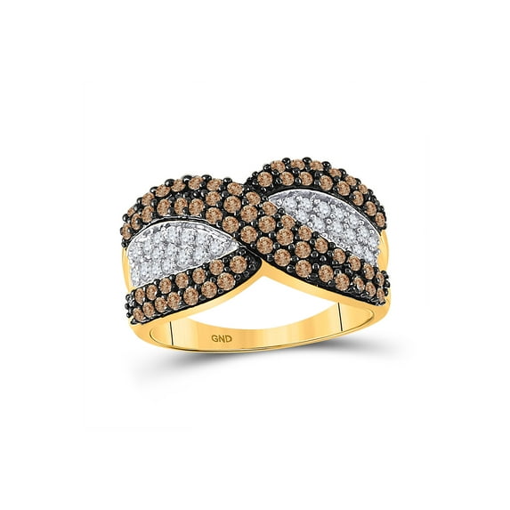 FB Jewels 10kt Yellow Gold Womens Round Brown Diamond Crossover Stripe Band Ring 1.00 Cttw