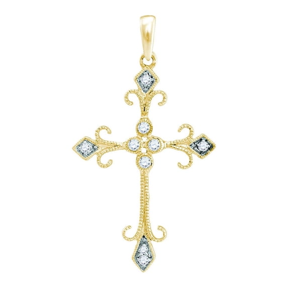FB Jewels 10kt Yellow Gold Womens Round Diamond Cross Pendant 1/10 Cttw