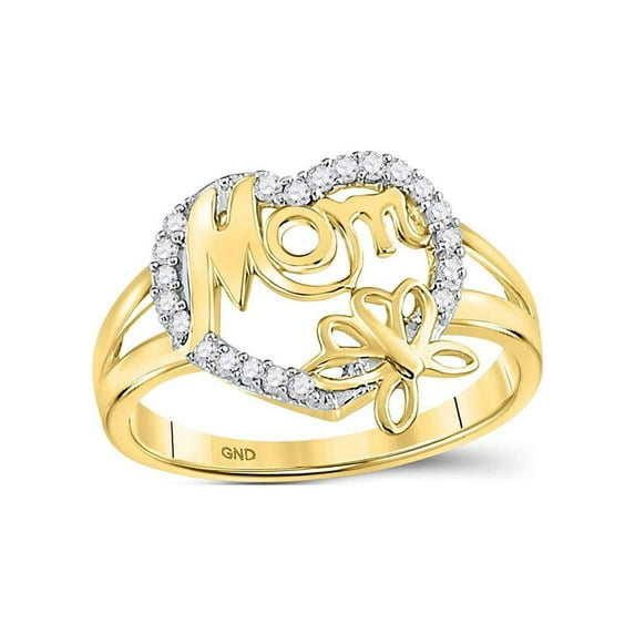 FB Jewels 10kt Yellow Gold Womens Round Diamond Mom Mother Heart Butterfly Ring 1/6 Cttw