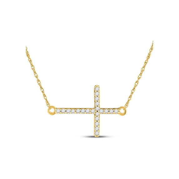 FB Jewels 10kt Yellow Gold Womens Round Diamond Sideways Horizontal Cross Pendant Necklace 1/20 Cttw