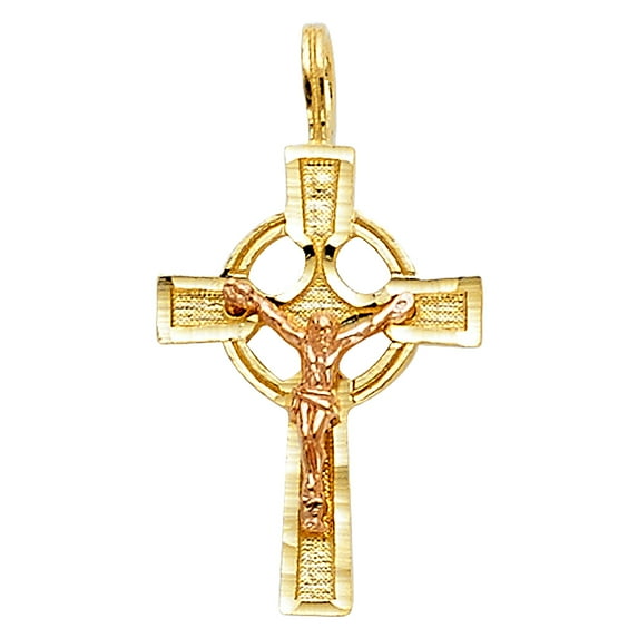 FB Jewels 14K Rose And Yellow Two Tone Gold Christian Crucifix Cross Pendant 28mm X 23mm