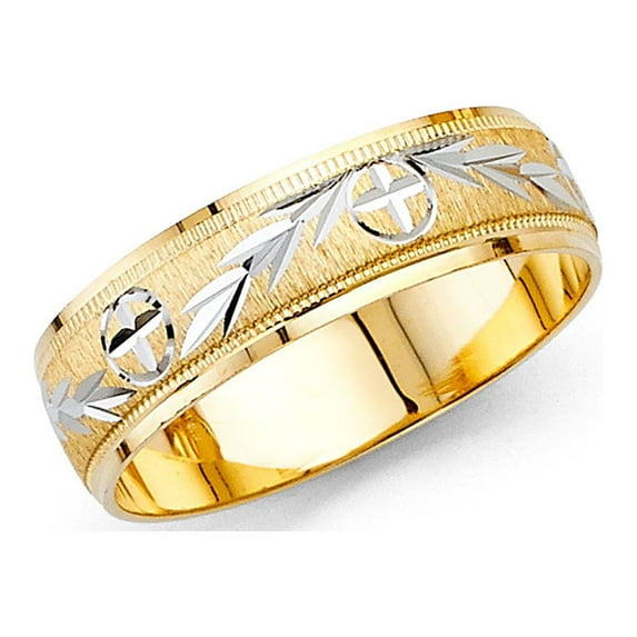 FB Jewels 14K White And Yellow Two Tone Gold Men's Solid 6mm Diamond-Cut Traditional Classic Comfort Fit Wedding Ring Band Size 10.5