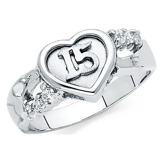 FB Jewels 14K White Gold Cubic Zirconia CZ Fifteen 15 Years Birthday Quincea–era Fashion Anniversary Ring Size 7