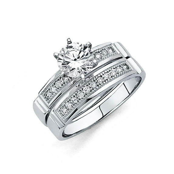 FB Jewels 14K White Gold Cubic Zirconia CZ Ladies Wedding Band And Engagement Bridal Ring Two Piece Set Size 11.5