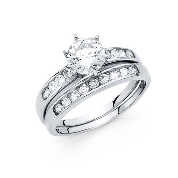 FB Jewels 14K White Gold Cubic Zirconia CZ Wedding Band and Engagement Bridal Ring Two Piece Set Size 11