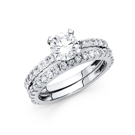 FB Jewels 14K White Gold Cubic Zirconia CZ Wedding Band and Engagement Bridal Ring Two Piece Set Size 5.5