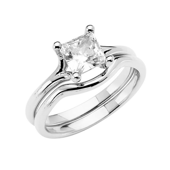 FB Jewels 14K White Gold Cubic Zirconia CZ Wedding Band and Engagement Bridal Ring Two Piece Set Size 7.5