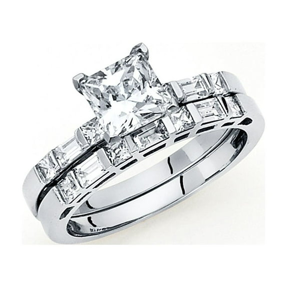 FB Jewels 14K White Gold Cubic Zirconia CZ Wedding Band and Engagement Bridal Ring Two Piece Set Size 7