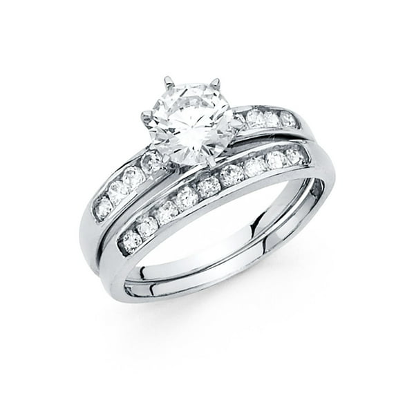 FB Jewels 14K White Gold Cubic Zirconia CZ Wedding Band and Engagement Bridal Ring Two Piece Set Size 8.5