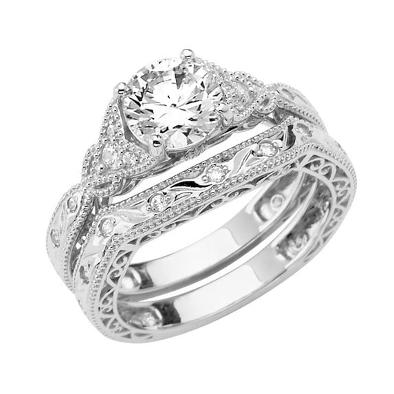FB Jewels 14K White Gold Cubic Zirconia CZ Wedding Band and Engagement Bridal Ring Two Piece Set Size 9.5