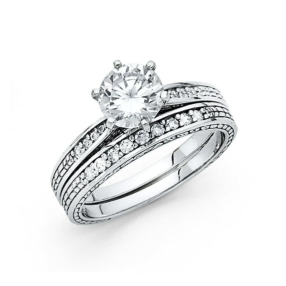 FB Jewels 14K White Gold Cubic Zirconia CZ Wedding Band and Engagement Bridal Ring Two Piece Set Size 9