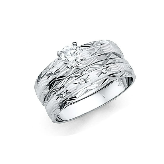 FB Jewels 14K White Gold Ladies Cubic Zirconia CZ Wedding Band and Engagement Bridal Ring Two Piece Set Size 7