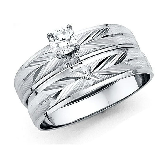 FB Jewels 14K White Gold Ladies Cubic Zirconia CZ Wedding Band and Engagement Bridal Ring Two Piece Set Size 8.5