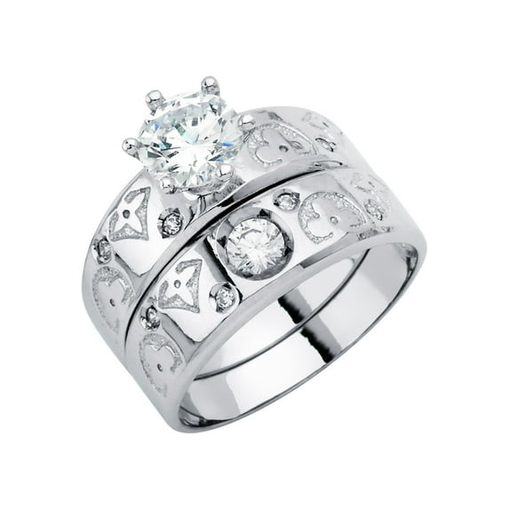 FB Jewels 14K White Gold Mens Cubic Zirconia CZ Wedding Band and Engagement Bridal Ring Two Piece Set / Trio Set Size 11
